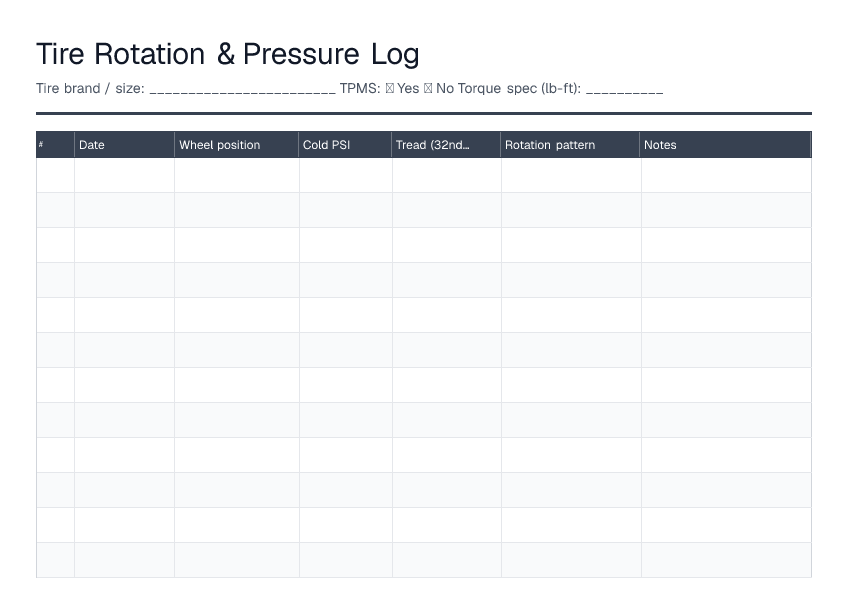 Tire Rotation & Pressure Log — printable PDF preview