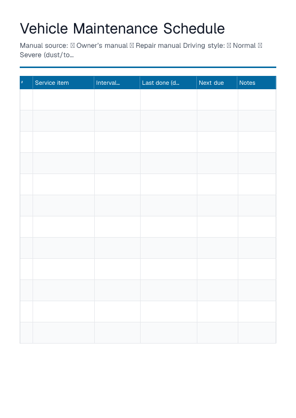 Vehicle Maintenance Schedule — printable PDF preview