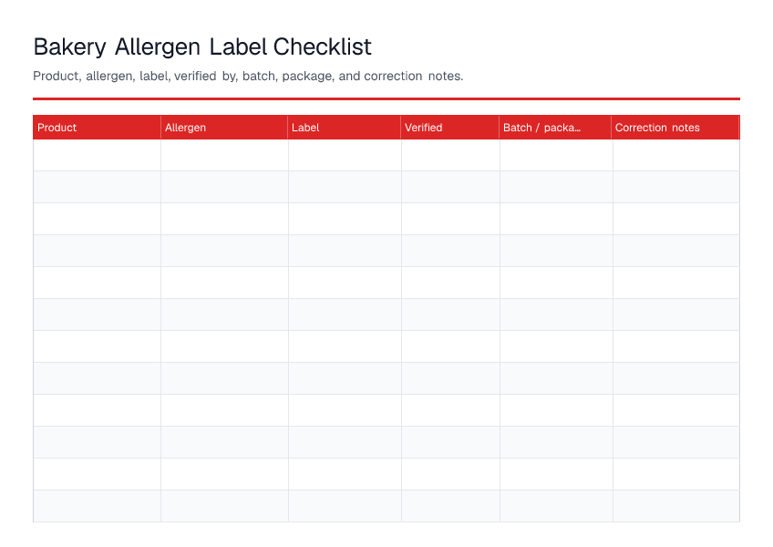 Bakery Allergen Label Checklist — printable PDF preview
