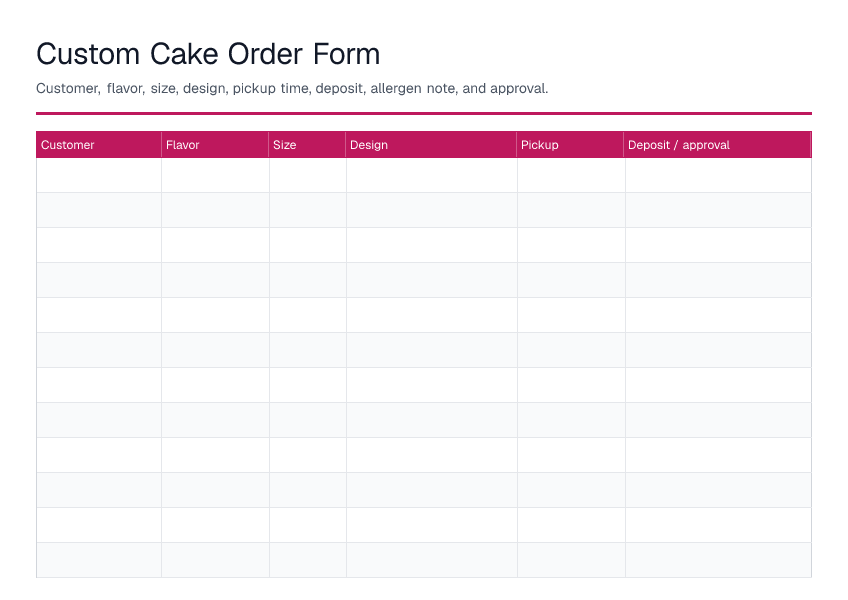 Custom Cake Order Form — printable PDF preview