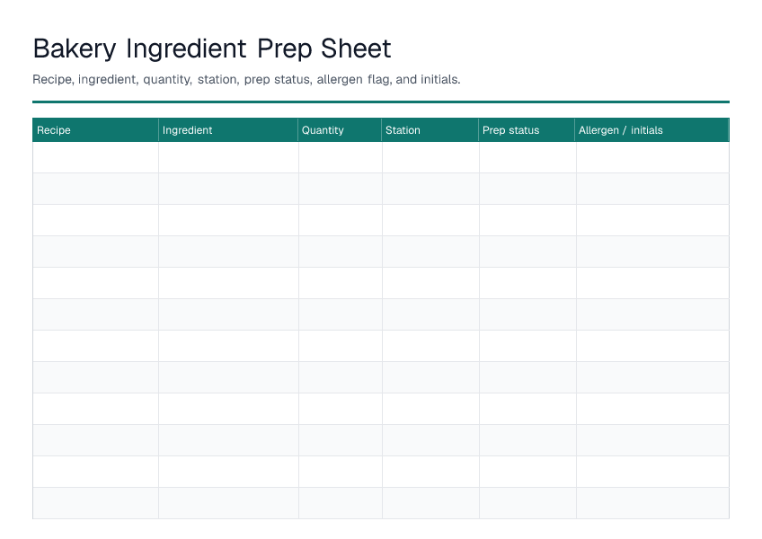 Bakery Ingredient Prep Sheet — printable PDF preview