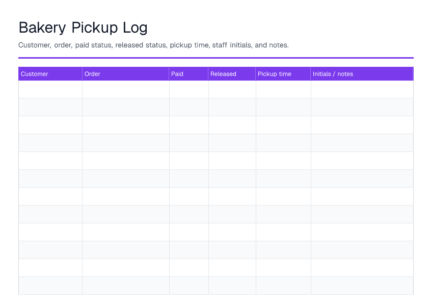 Bakery Pickup Log — printable PDF preview
