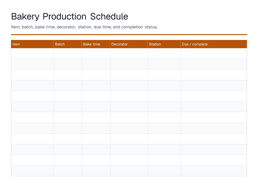Bakery Production Schedule — printable PDF preview
