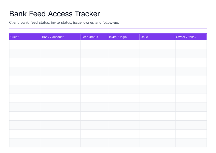 Bank Feed Access Tracker — printable PDF preview