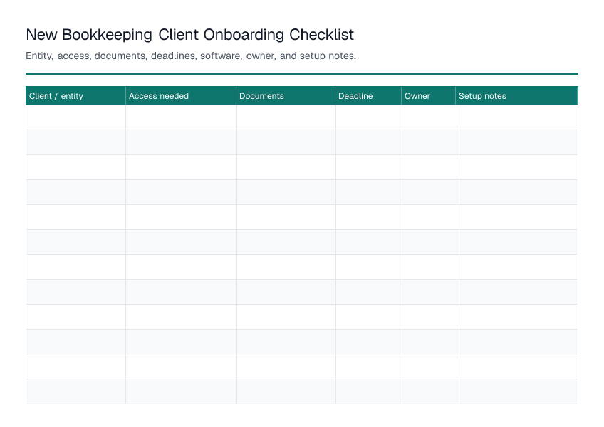 New Bookkeeping Client Onboarding Checklist — printable PDF preview