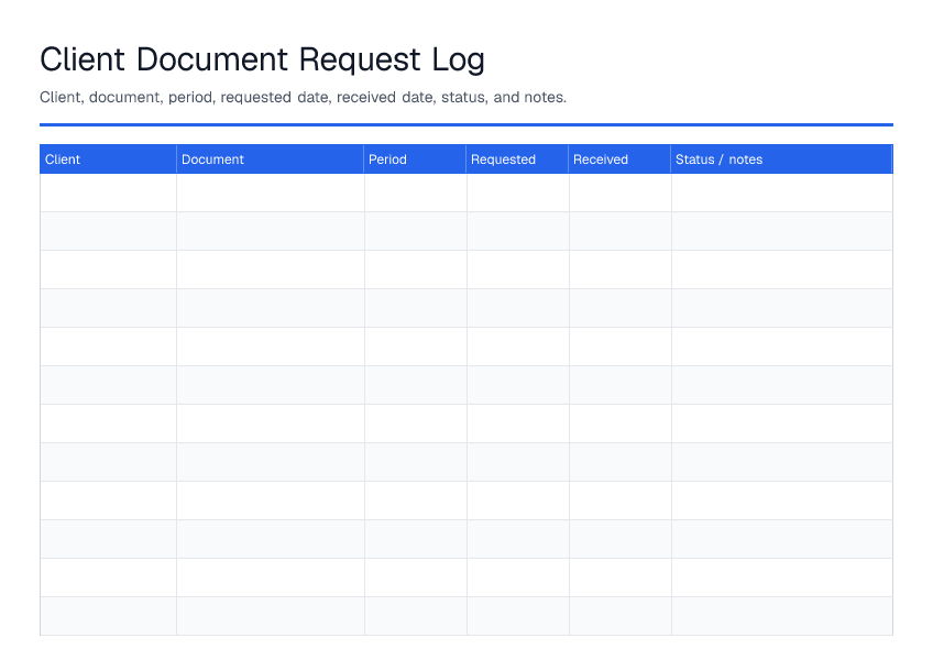 Client Document Request Log — printable PDF preview