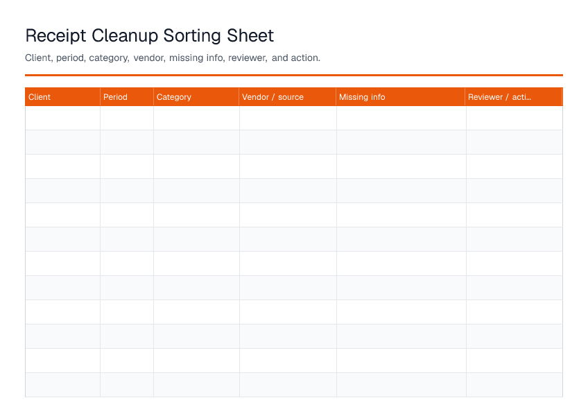 Receipt Cleanup Sorting Sheet — printable PDF preview