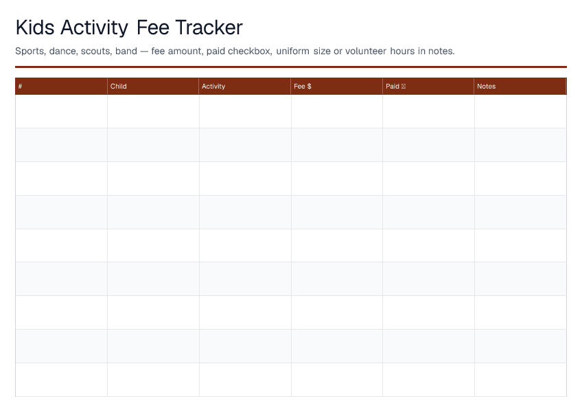 Kids Activity Fee Tracker — printable PDF preview