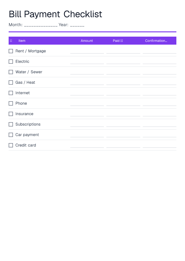 Bill Payment Checklist — printable PDF preview