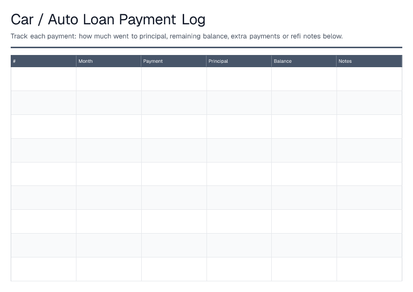 Car / Auto Loan Payment Log — printable PDF preview
