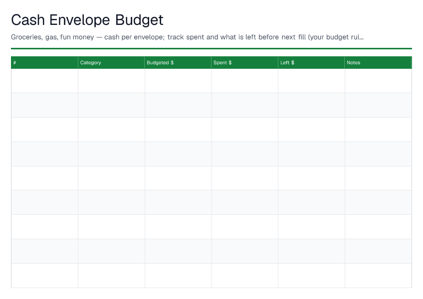 Cash Envelope Budget — printable PDF preview