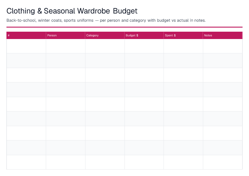 Clothing & Seasonal Wardrobe Budget — printable PDF preview