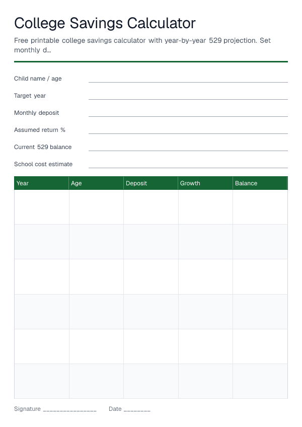 College Savings Calculator — printable PDF preview