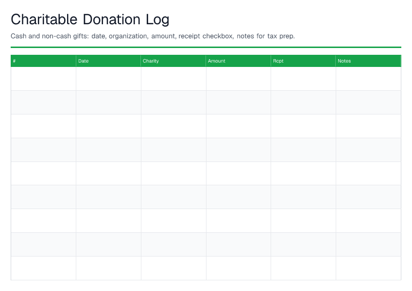 Charitable Donation Log — printable PDF preview