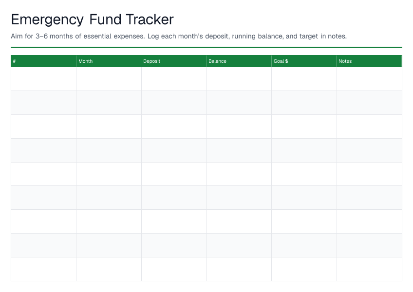 Emergency Fund Tracker — printable PDF preview