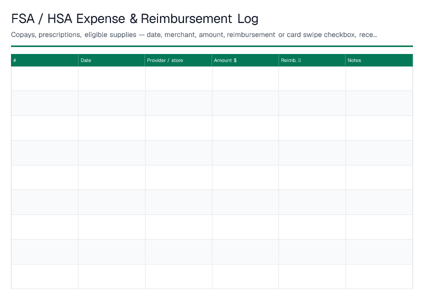 FSA / HSA Expense & Reimbursement Log — printable PDF preview