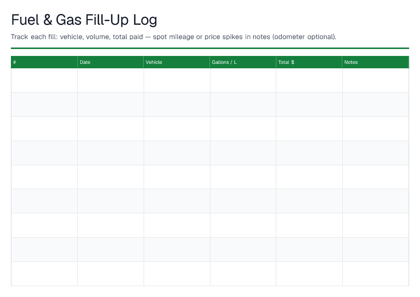 Fuel & Gas Fill-Up Log — printable PDF preview