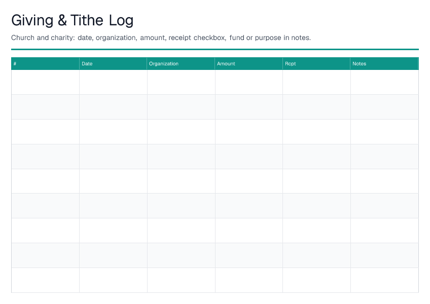 Giving & Tithe Log — printable PDF preview