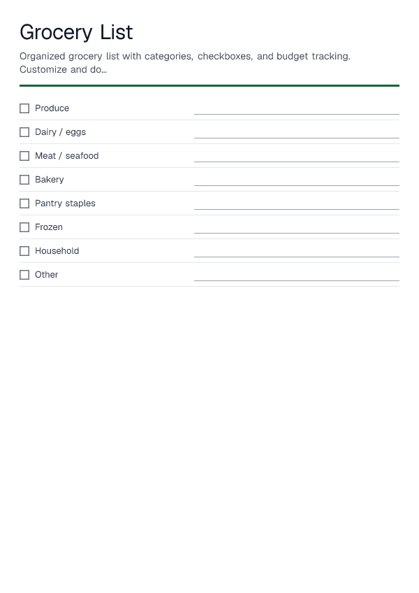 Grocery List — printable PDF preview