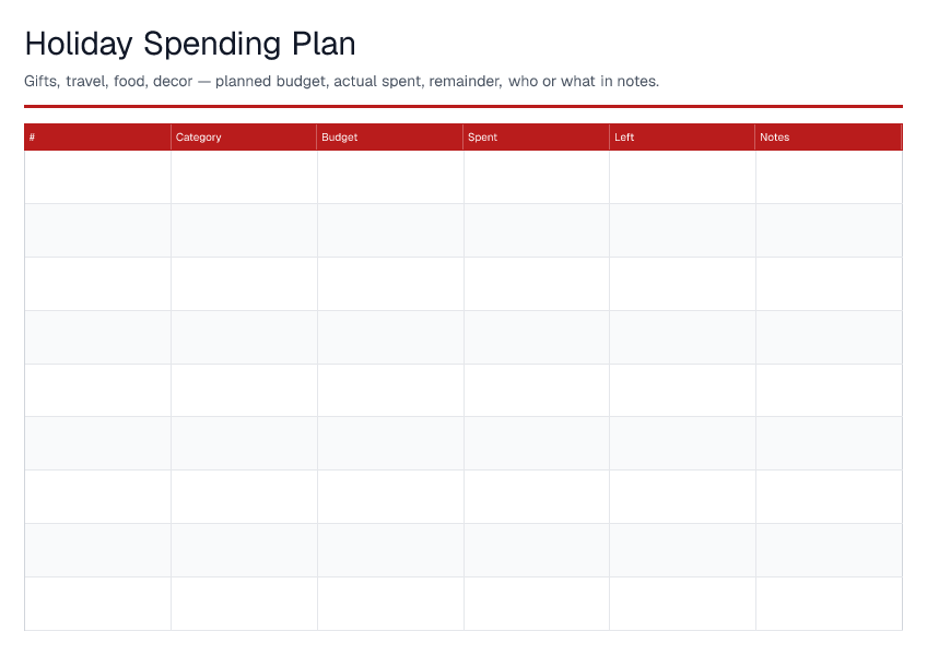 Holiday Spending Plan — printable PDF preview