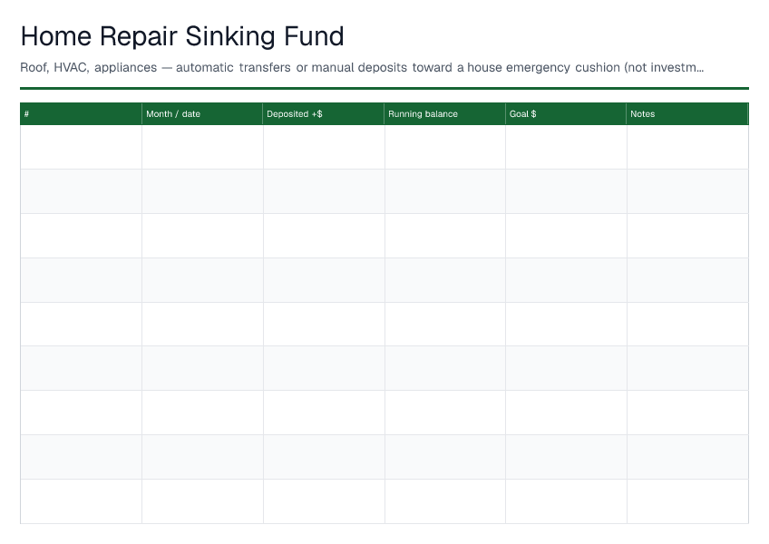 Home Repair Sinking Fund — printable PDF preview