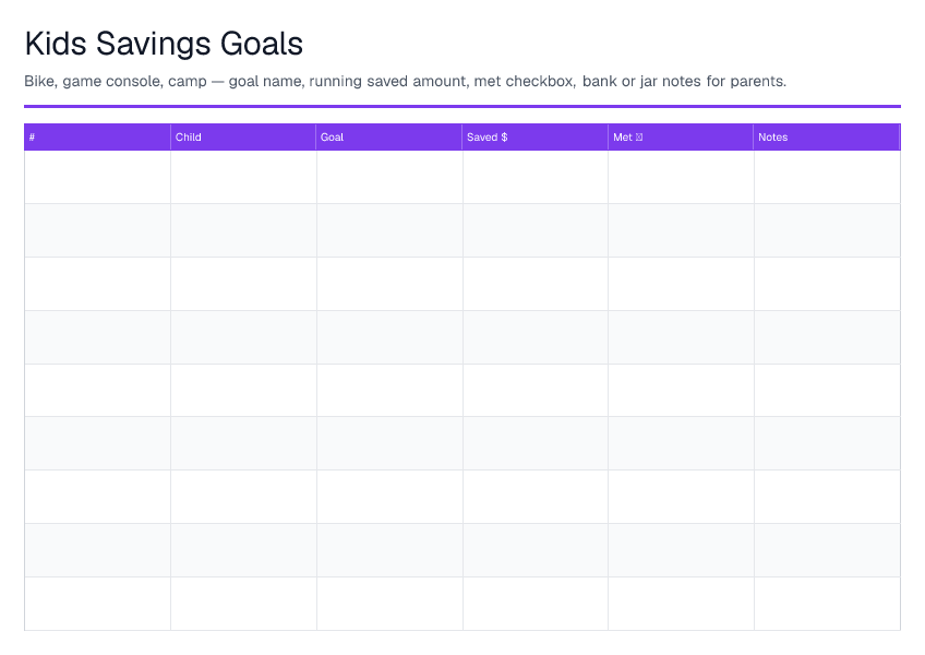 Kids Savings Goals — printable PDF preview