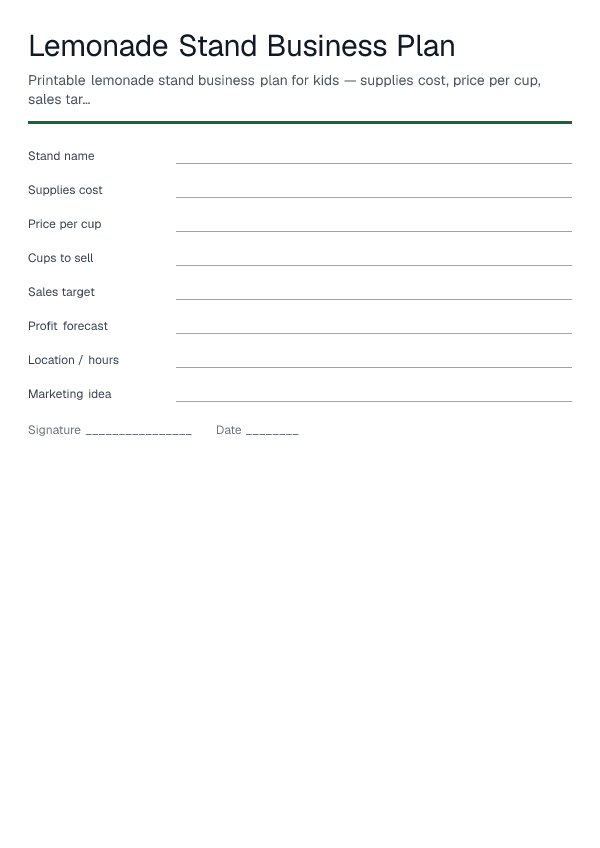 Lemonade Stand Business Plan — printable PDF preview