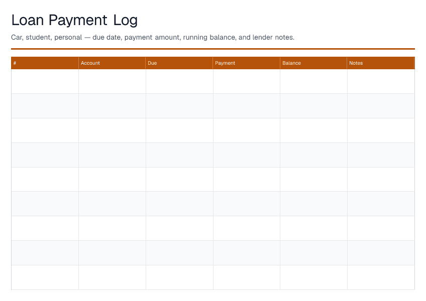 Loan Payment Log — printable PDF preview