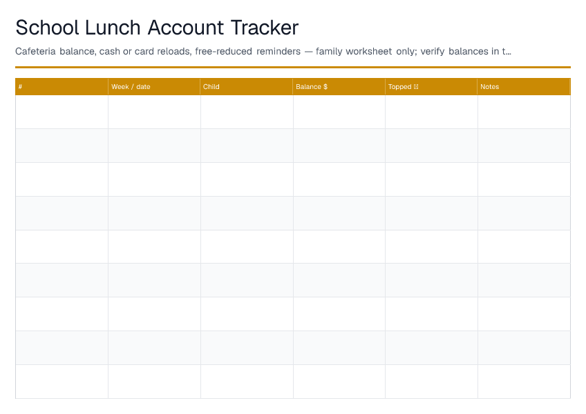 School Lunch Account Tracker — printable PDF preview