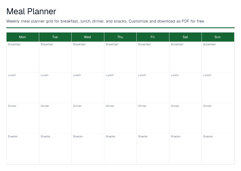 Meal Planner — printable PDF preview