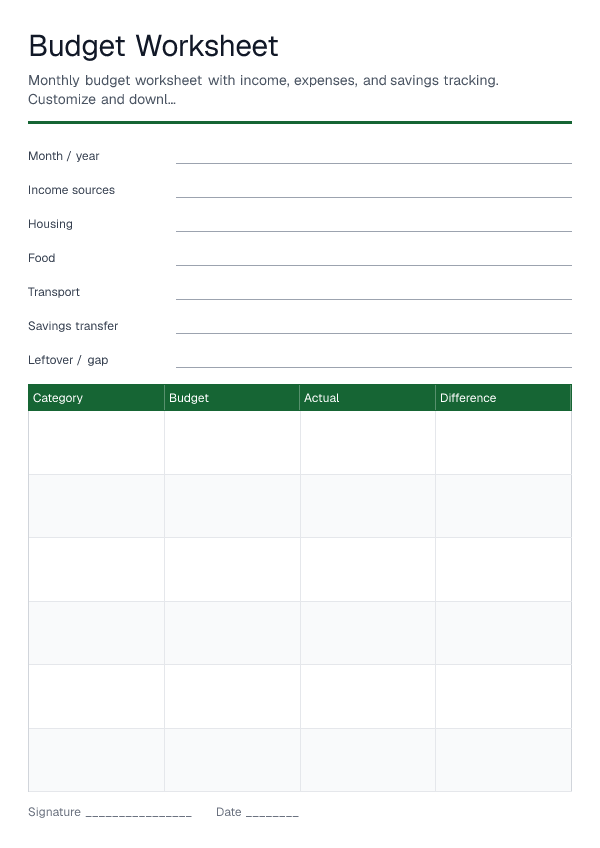 Budget Worksheet — printable PDF preview