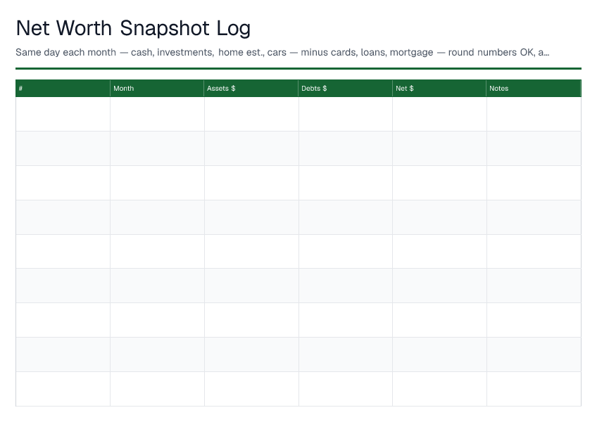 Net Worth Snapshot Log — printable PDF preview