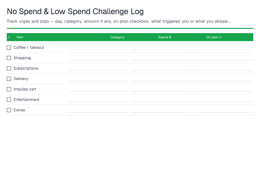 No Spend & Low Spend Challenge Log — printable PDF preview