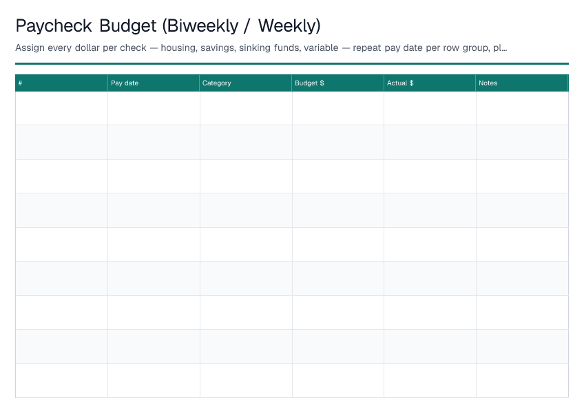 Paycheck Budget (Biweekly / Weekly) — printable PDF preview