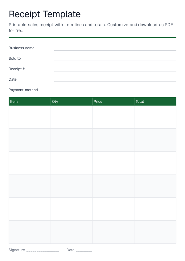 Receipt Template — printable PDF preview