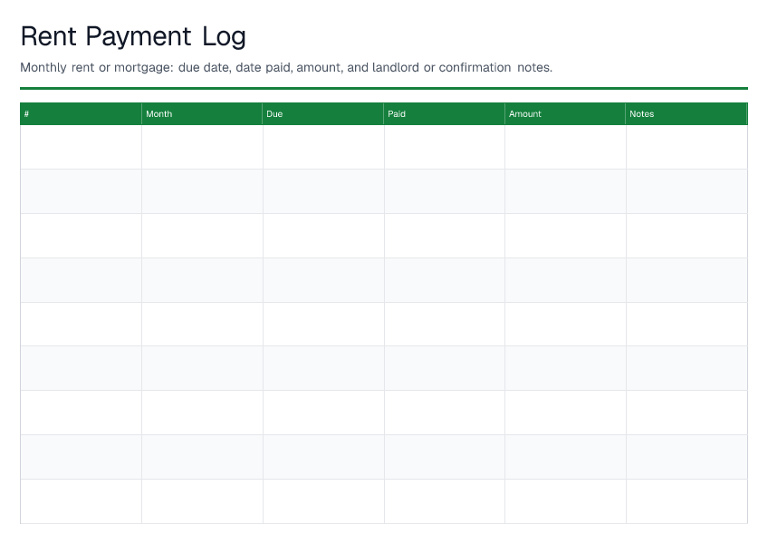 Rent Payment Log — printable PDF preview