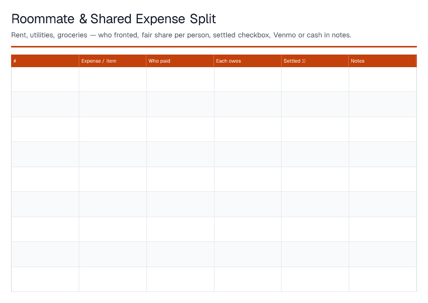 Roommate & Shared Expense Split — printable PDF preview