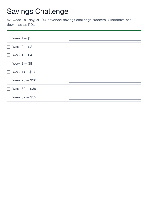 Savings Challenge — printable PDF preview
