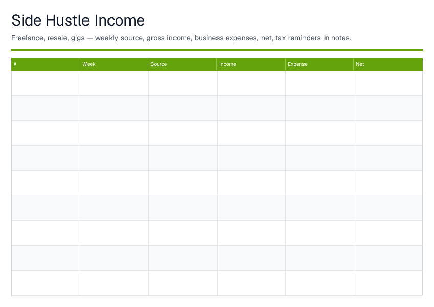 Side Hustle Income — printable PDF preview