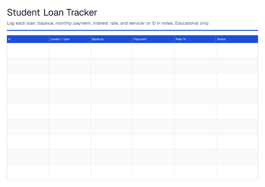 Student Loan Tracker — printable PDF preview