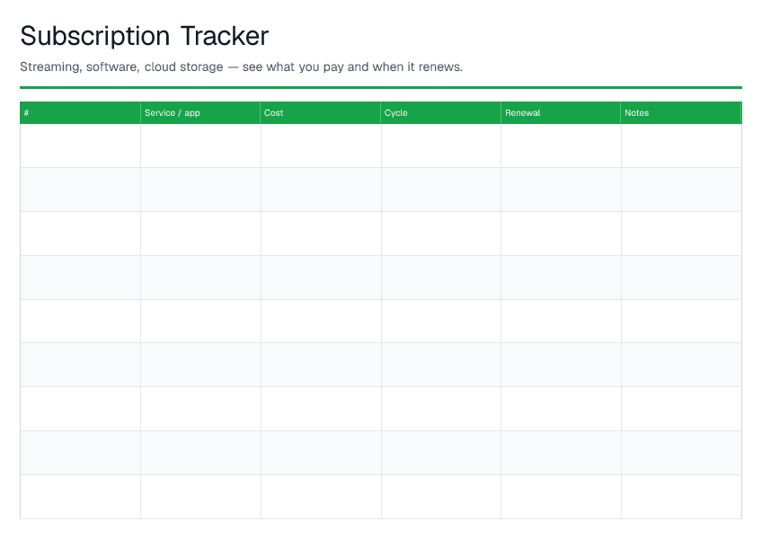 Subscription Tracker — printable PDF preview
