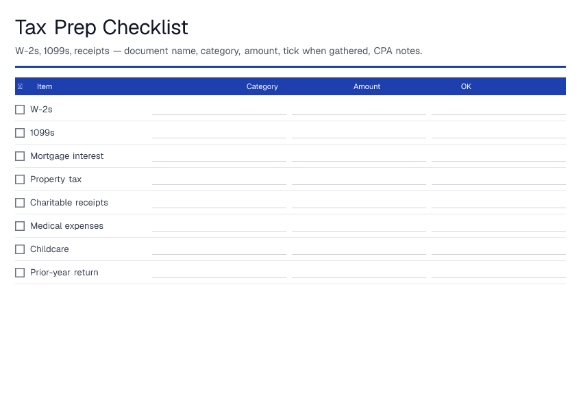 Tax Prep Checklist — printable PDF preview