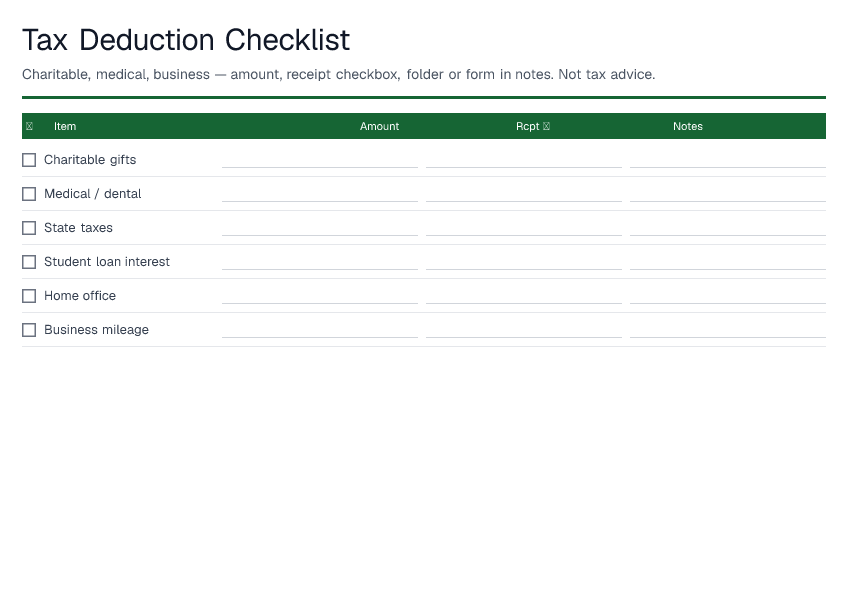 Tax Deduction Checklist — printable PDF preview