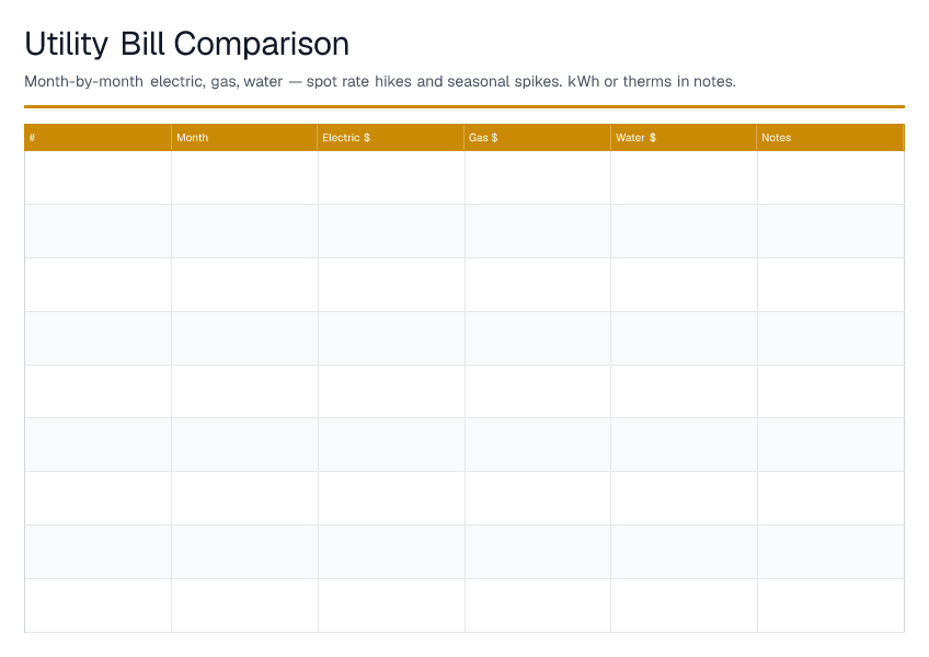 Utility Bill Comparison — printable PDF preview