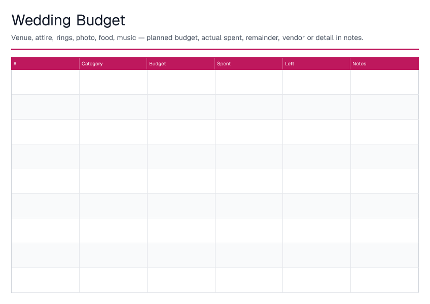 Wedding Budget — printable PDF preview