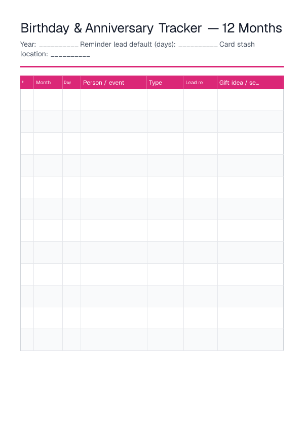 Birthday & Anniversary Tracker — printable PDF preview