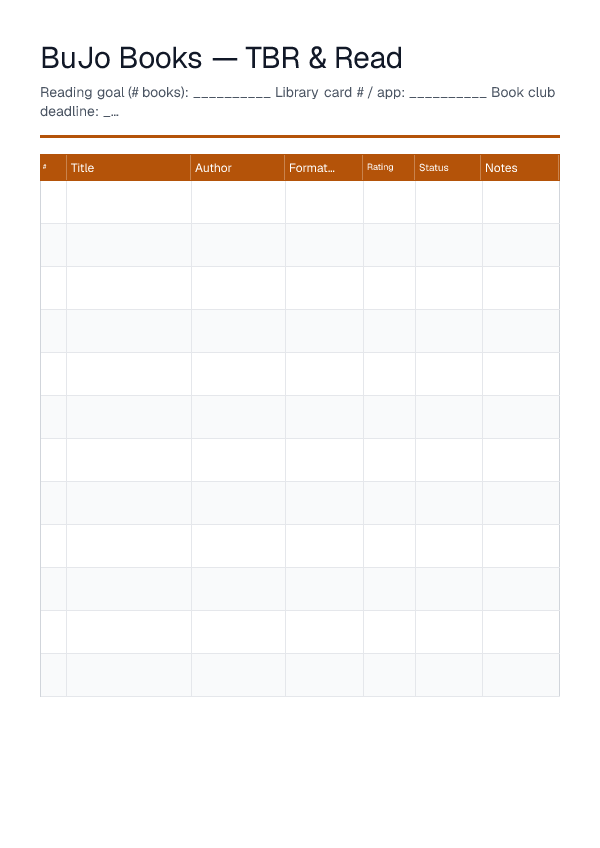 Books to Read / Read — printable PDF preview