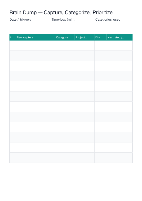 Brain Dump Template — printable PDF preview