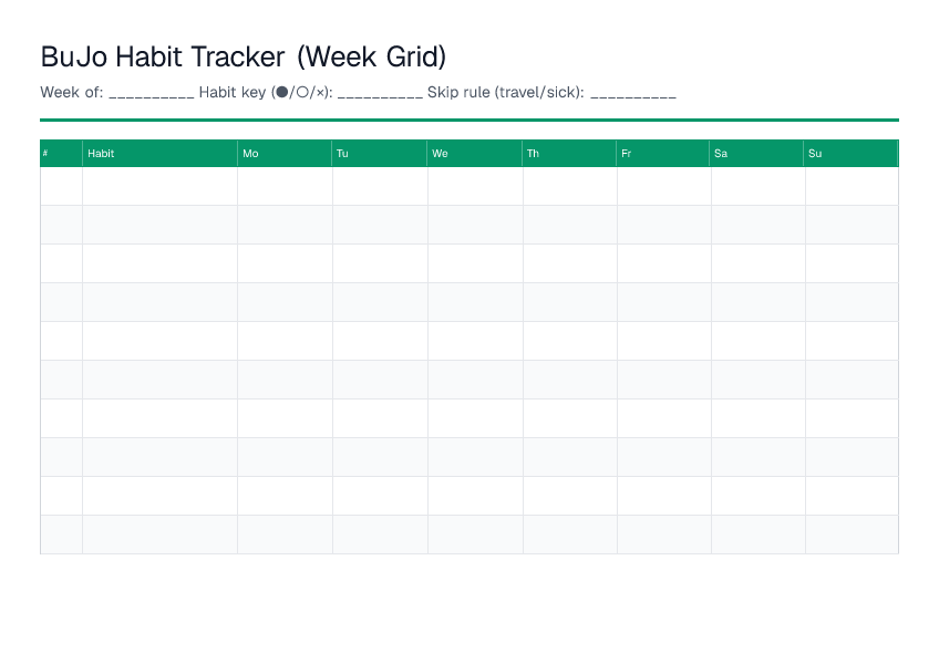 BuJo Habit Tracker — printable PDF preview