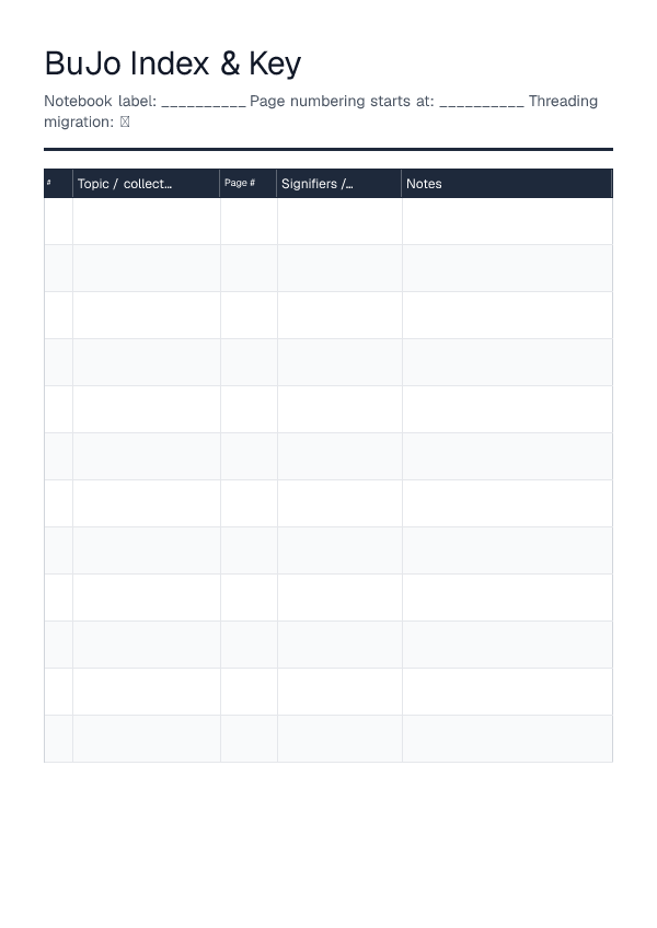 Index / Key Page — printable PDF preview